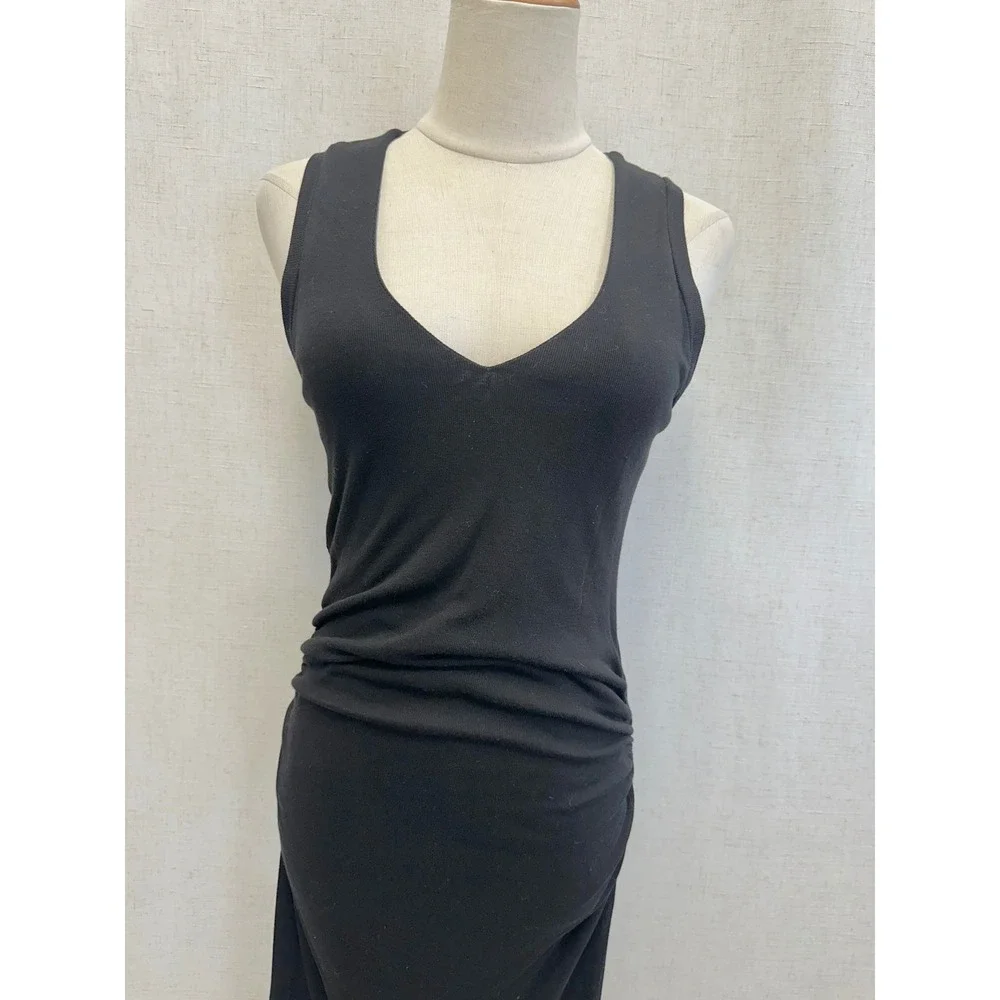 James Perse Tencel Solid Black Ruched Midi Dress Womens Size 3 Minimalist LBD